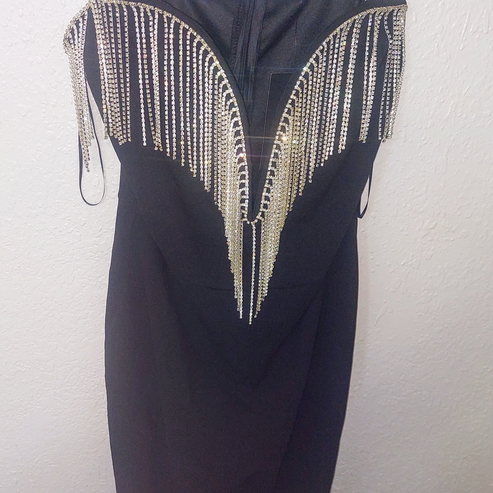 Fashion Nova Black and Silver Bodycon Jumpsuit Plunge Neckline